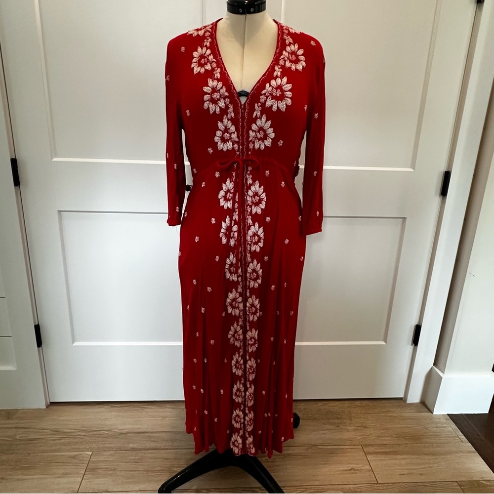 Free People Lrg. Red/White Embroidered Long Sleeve Dress